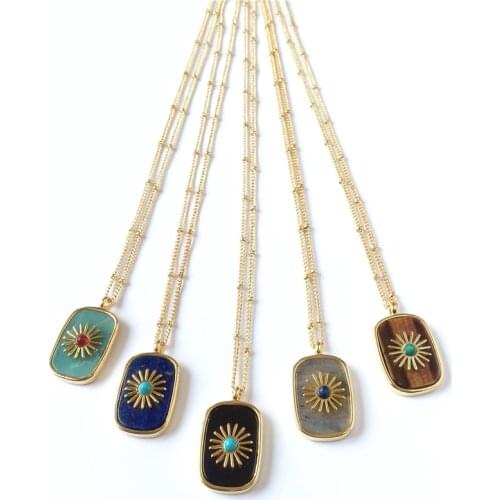 FUWO Trendy Women Natural Crystal Quartz Necklace Genuine Gold Electroplated Bead chain Sun Flower Charm Jewelry For Women NC075