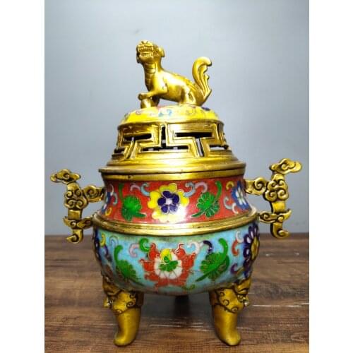 11"Tibet Buddhism Old Bronze Cloisonne Enamel Chilong statue Binaural Incense Burner Animal head Three-legged Lion cover Incense