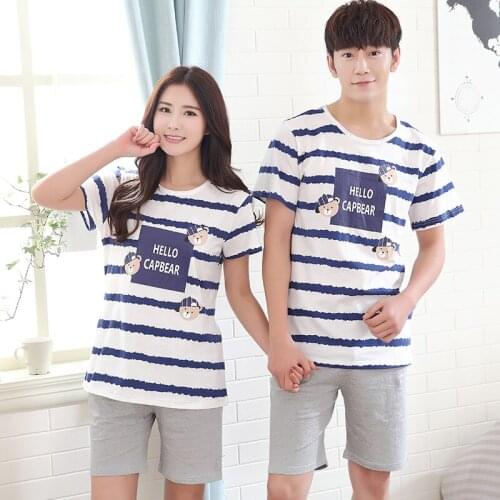 2018 Summer Fresh Stripe 100% Cotton Lovers Lounge Set Casual Short-sleeve Cotton Sleepwear