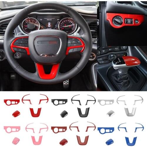 5PCS ABS Steering Wheel & Headlight Switch & Gear Shift Knob Decorative Cover for Dodge Challenger Charger 2015+ Car Accessories