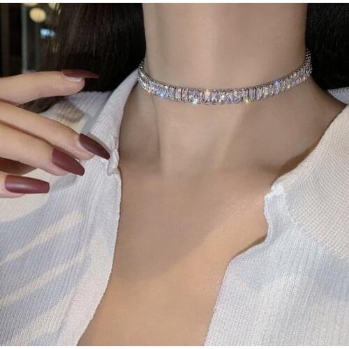 5A 4*8mm Rectangle Cubic Zirconia CZ Choker Iced Out Bling Tennis Chain 32+10cm Collar Necklace