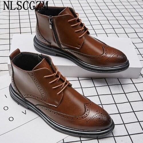Ankle Boots for Men Male Leather Casual Shoes Chunky Boots Brogue Shoes Men Designer Boots Business Los Zapatos De Los Hombres