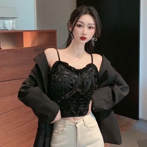 Black Woman Clothing Summer Sexy Ruffles Crop Tops Camis Tank Women V Neck Womens Camisole Halte Folds Top Chic