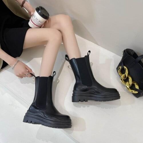 Black Chelsea Boots Women Shoes Thick Sole Mid-Calf Boots Women Street Style Round Toe Short Platform Boots Femmes Bottes