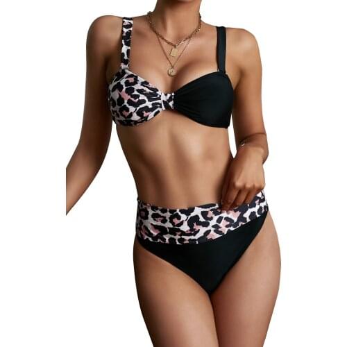 Black Colorblock Leopard Knotted Push up High Waist Bikini Women Sexy Push Up Bikinis Set Swimwear Women Swimsuits Bathing Suit
