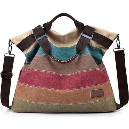 MANGJH Color Striped Women Canvas Shoulder Bag Large Satchel Handbags Patchwor Messenger Bag Women Casual Tote Bag 1481