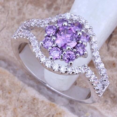 Precious Purple Cubic Zirconia White CZ Silver Plated Flower Ring Size 7 / 8 / 9 E602