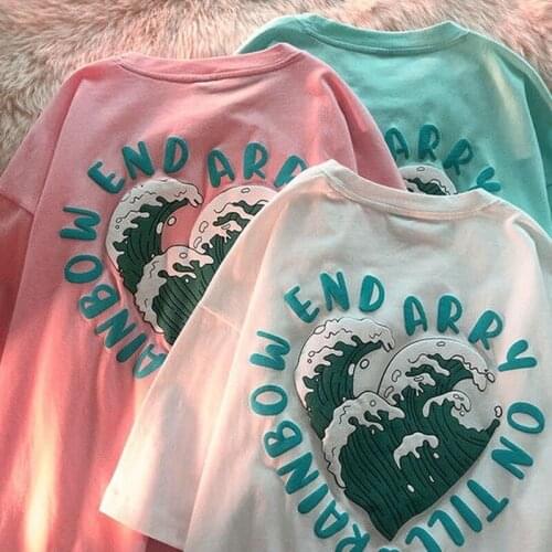 Couple Short-Sleeved T-shirt 2021 Summer Sea Wave Pattern Letter Print Top Casual Oversized T Shirt Cartoon Tshirts