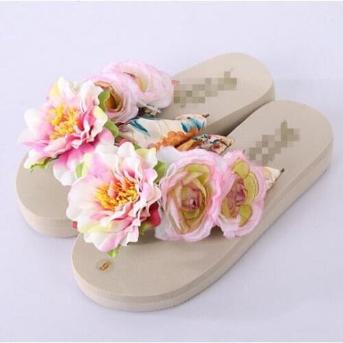 HAHAFLOWER Beautiful new summer female Bohemia silk flower beach slippers, flip-flops sweet thick wedge bottom slippers
