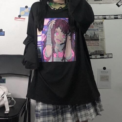 Harajuku Cartoon Anime Crying Print Long Sleeve T-Shirt Womens Autumn Streetwear Loose O-Neck Pullovers Girls Top Tee