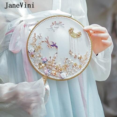 JaneVini Luxury Gold Chinese Wedding Bouquets Fan Handmade Flowers Pearls Beaded Metal Bridal Round Hand Fan Wedding Accessories