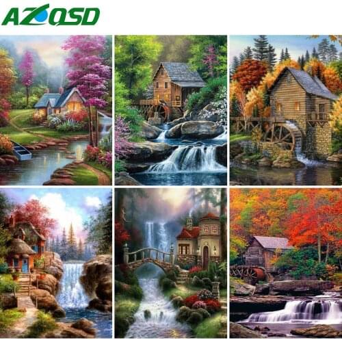 AZQSD Full Square Diamond Painting Waterfall Picture Of Rhinestones Diamond Mosaic Mountain Decoration For Home
