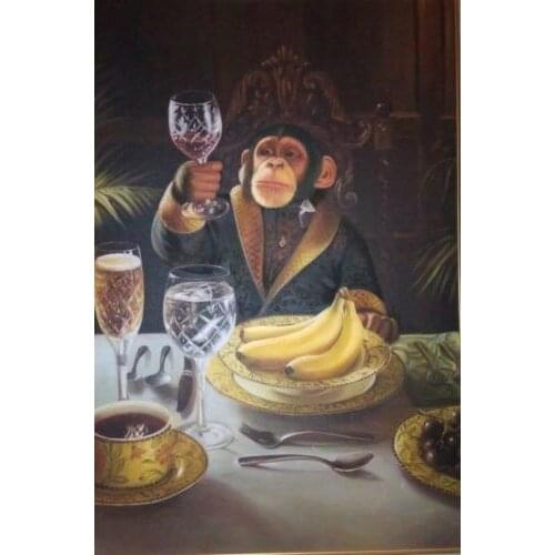 Art oil painting:Animal monkey drink with fruit 24x36"