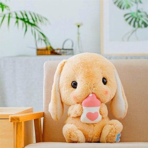 22CM Soft and Cute Brown Rabbit Holding A Baby Bottle Plush Doll Toy