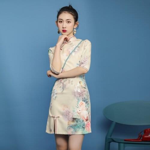 Summer New New Cheongsam Young Girl Chinese Style Printing Improved Short Daily Dress