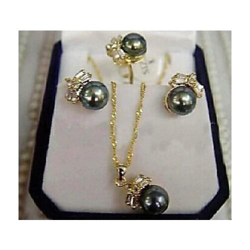 Jewelry CHARMING 100% Natural Black Pearl Earring Ring & Necklace Set-Bride jewelry free shipping