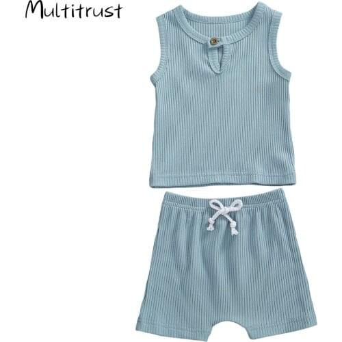 0-24M Newborn Baby Girls Boys Outfit Summer Solid Color Sleeveless Round Collar Button Top + Casual Shorts Set 9 Colours