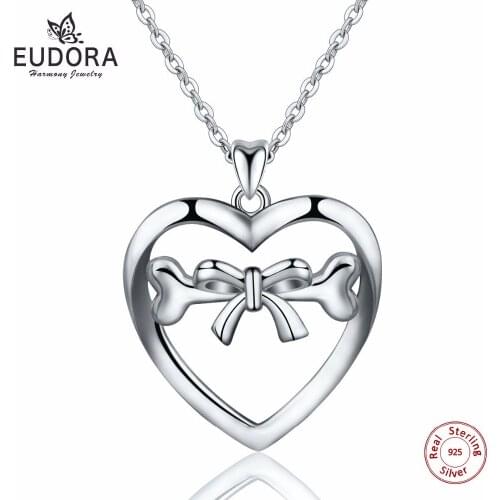 EUDORA 925 Sterling Silver Bowknot Dog Bone Pendant Silver Heart Necklace Collar Fine Jewelry For Women birthday Gift D118