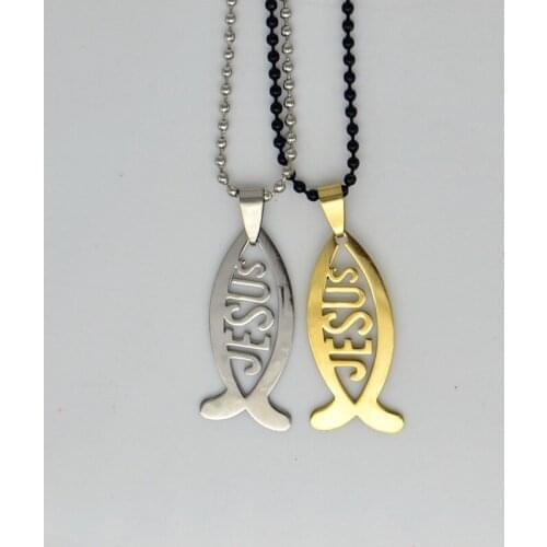 Jesus Fish Laser Cut High Polished Stainless Steel Pendant Necklace 60cm Ball Beads Chain Fashion Christian Religious Jewelry