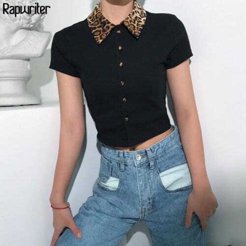 Rapwriter Vintage Leopard Patchwork Turn-down Collar Women T Shirt Short Sleeve Crop tops Femme harajuku Stretch Button T-shirt