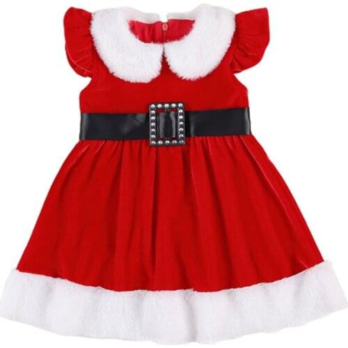 Wallarenear Baby Girl Christmas Dress Cute Full Length Fly Sleeve Turn-down Collar Sashes Decorated Knee-length A-line Dress