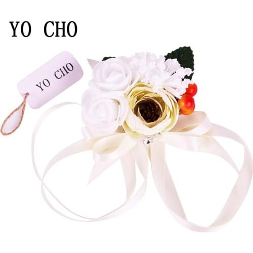 YO CHO Wrist Hand Flowers For Wedding Decor White Rose Stame Cherry Wrist Flower Rose Silk Ribbon Bridesmaid Sisters Hand Flower
