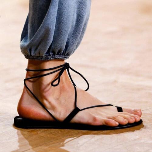 Summer 2021 Comfortable Cashmere Leather Ankle Strap Flats Sandals Hollow Flip Flops Flat Heel Sandalia Feminina Beach Shoes