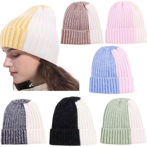 Rabbit fur knitted hat womens winter warmth and color matching woolen hat fashion thick earmuffs brim hat outdoor walking hat
