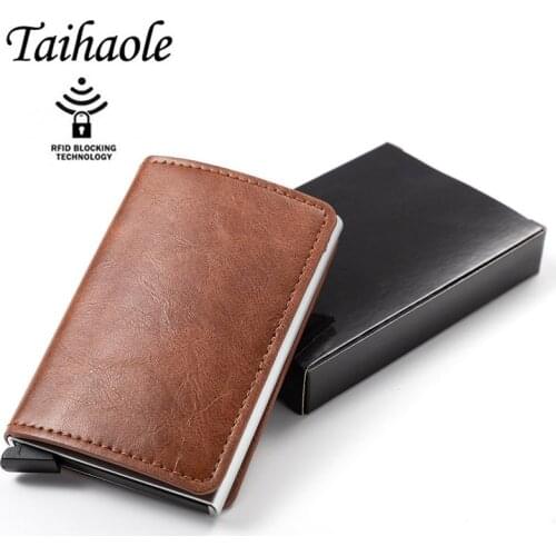 Taihaole Credit Card Holder Wallet Men Women Metal RFID Vintage Aluminium Bag Crazy Horse PU Leather Bank Cardholder Case