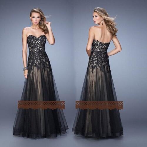 Formal gowns vestidos new hot sexy sweetheart a-line long 2019 prom party gown black lace appliques summer bridesmaid dresses