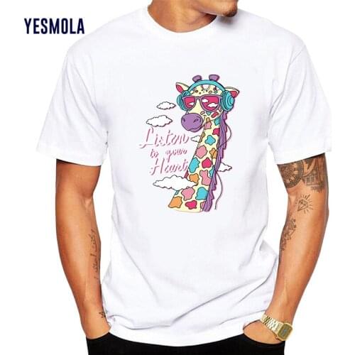 YESMOLA 2021 New Summer Cotton Men Solid Print Giraffe Shirt O-neck Casual Unisex Fashion Harajuku Graphic T Shirt
