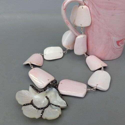 YYGEM White Mother Of Pearl Shell Carved Flower Black Macarsite Pendant 20" Natural Pink Queen Conch Necklace