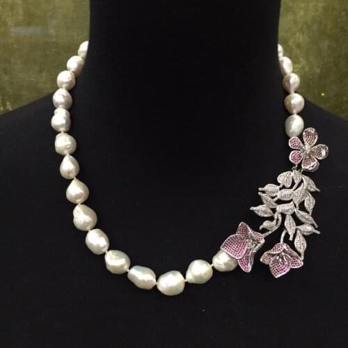 Baroque natural fresh water pearlnecklace copper with cubic zircon flower necklace fashion women jewelry 50CM free shippping