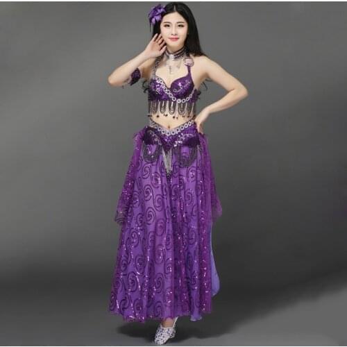 Women Dance Clothes Oriental Style Beaded Outfit Belly Dance Costume Sequins Bra Belt Skirt 3PCS Set