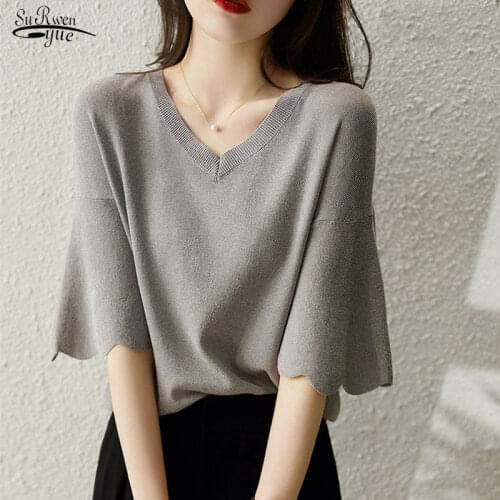 Womens Summer Knitting Shirt Petal Sleeve V-neck Top Loose Short Sleeve Ice Silk Sweater Thin Style Womens Fashion Shirt 14799