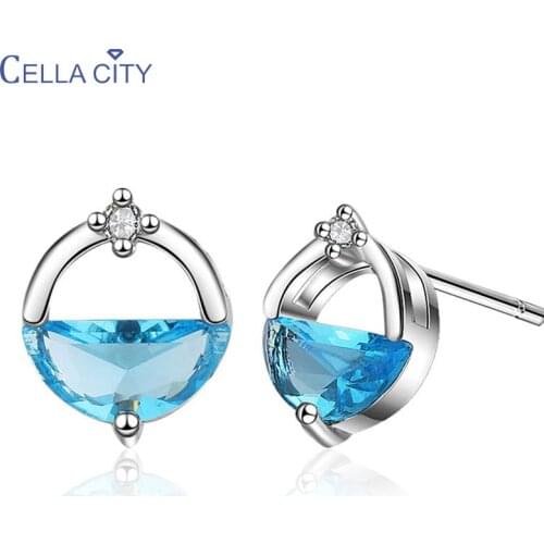 Cellacity Aquamarine Earrings for Women Silver 925 Jewelry with Gemstones AAA Zircon Semicircle Light blue Female Dating Gifts