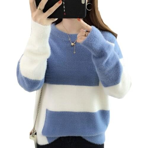 Autumn Winter New Mohair Sweater Womens Pullover Long Sleeve Thick Sweater Plaid Mixed Colors Causal Female Jumper Tops L133