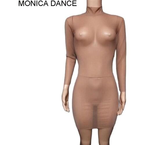 Women Sexy Stage Stretch Nude Mesh See through Performance Dress Female Singer Stage Wear Nightclub Birthday Celebrate Outfit