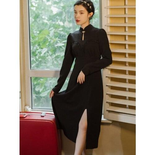 SWEETXUE Lady Black Sexy Elegant Cheongsam Chinese Style 2020 New Fashion Split Long Temperament Dress Women