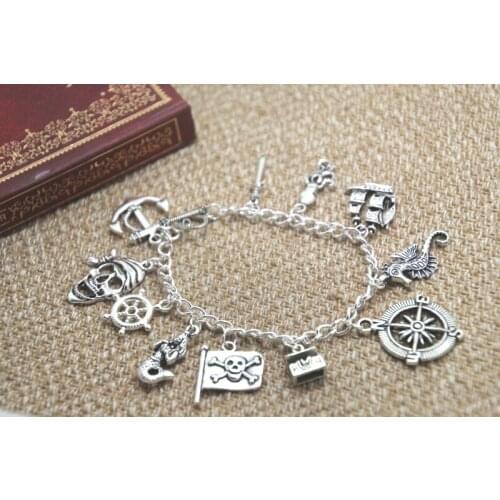 12pcs Pirates of the Caribbean inspired bracelet Sword Squid Ship Seahorse Pirate Flap Mermaid charm bracelet