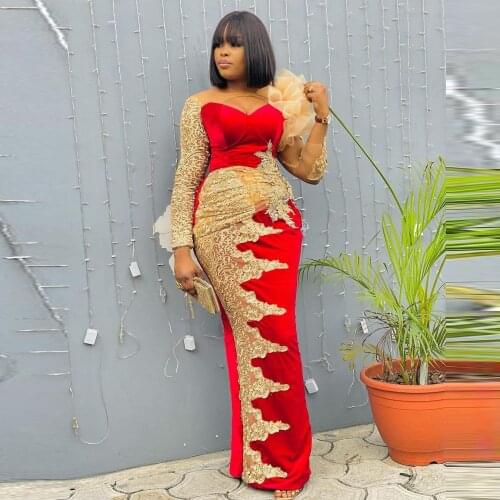 2021 Red Lace Aso Ebi Evening Dresses Long Sleeves Women Plus Size Velvet Prom Gowns Lace Appliques Sheer Party Gown