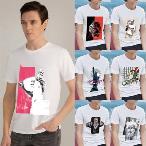 Summer T-shirt Mens Classic All-match O-neck Literary Sculpture Series Printing Casual Mens Youth Slim Commuter Short Sleeve