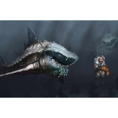 Art sea underwater sharks Megalodon predators starvation people scuba cloth silk art wall poster and prints