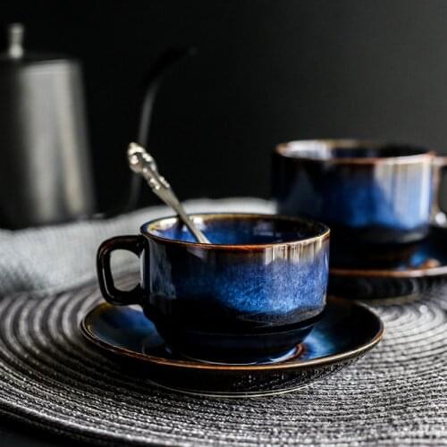 Ceramic Coffee Cup with Saucer Set Porcelain Afternoon Teacup Japanese Style Simple Retro Blue Espresso Breakfast Mug Drinkware