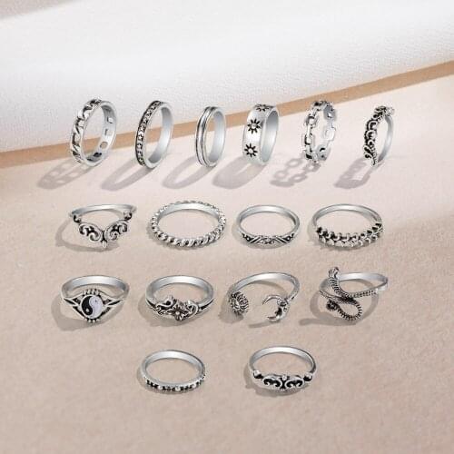 VKME 16pcs/Set Vintage Punk Silver Plated Snake Yin Yang Ring for Womens Gothic Steampunk Stars Sun Wave Ring Sets Party Jewelry