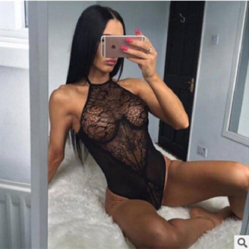 Hot Selling Black Sexy Underwear Halter Onesies Hanging Neck Lace Shaperwear Perspective Sleepwear Factory Wholesale M-2XL