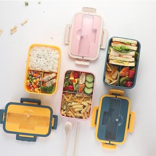 Microwave Lunch Box 1000 ML Leak-Proof Food Storage Container with 3 Compartments and Cutlery Wheat Straw Portable Bento Box