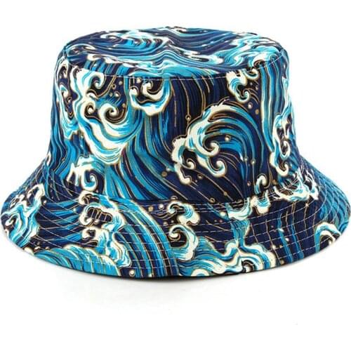 Fashion Hip Hop Sea Wave Print Outdoor Sun Protection Reversible Bucket Hat Cap