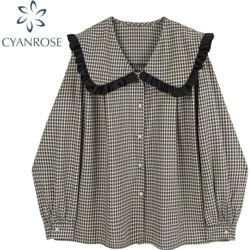 Fashion Navy Tartan Print Retro Women Shirt Streetwear Loose Buttons Loog Sleeve A Sense Of Design Top Autumn New 2021