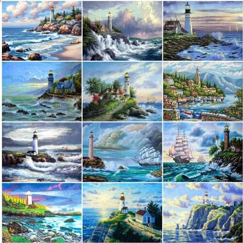 MomoArt Full Square Diamond Painting Lighthouse Cross Stitch Diamond Embroidery Landscape Rhinestone Art Home Decorations